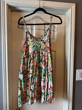 Floral Spaghetti Strap Sundress in Green, Coral & Yellow